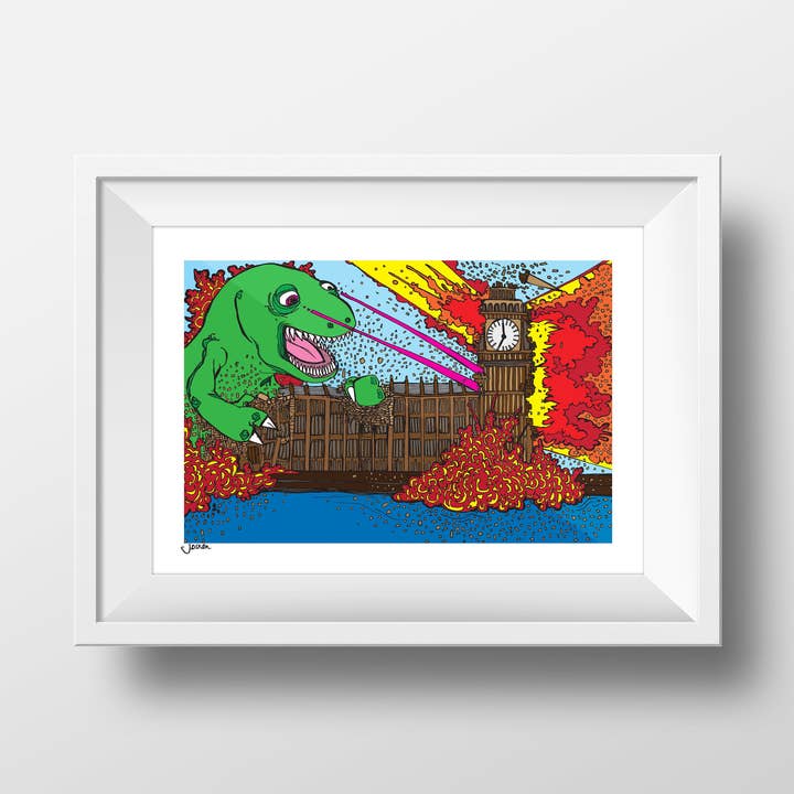 Un dinosaurio destruye el Parlamento, monumento del Reino Unido, dinosaurio para venta al por mayor de Dixon Does Doodles