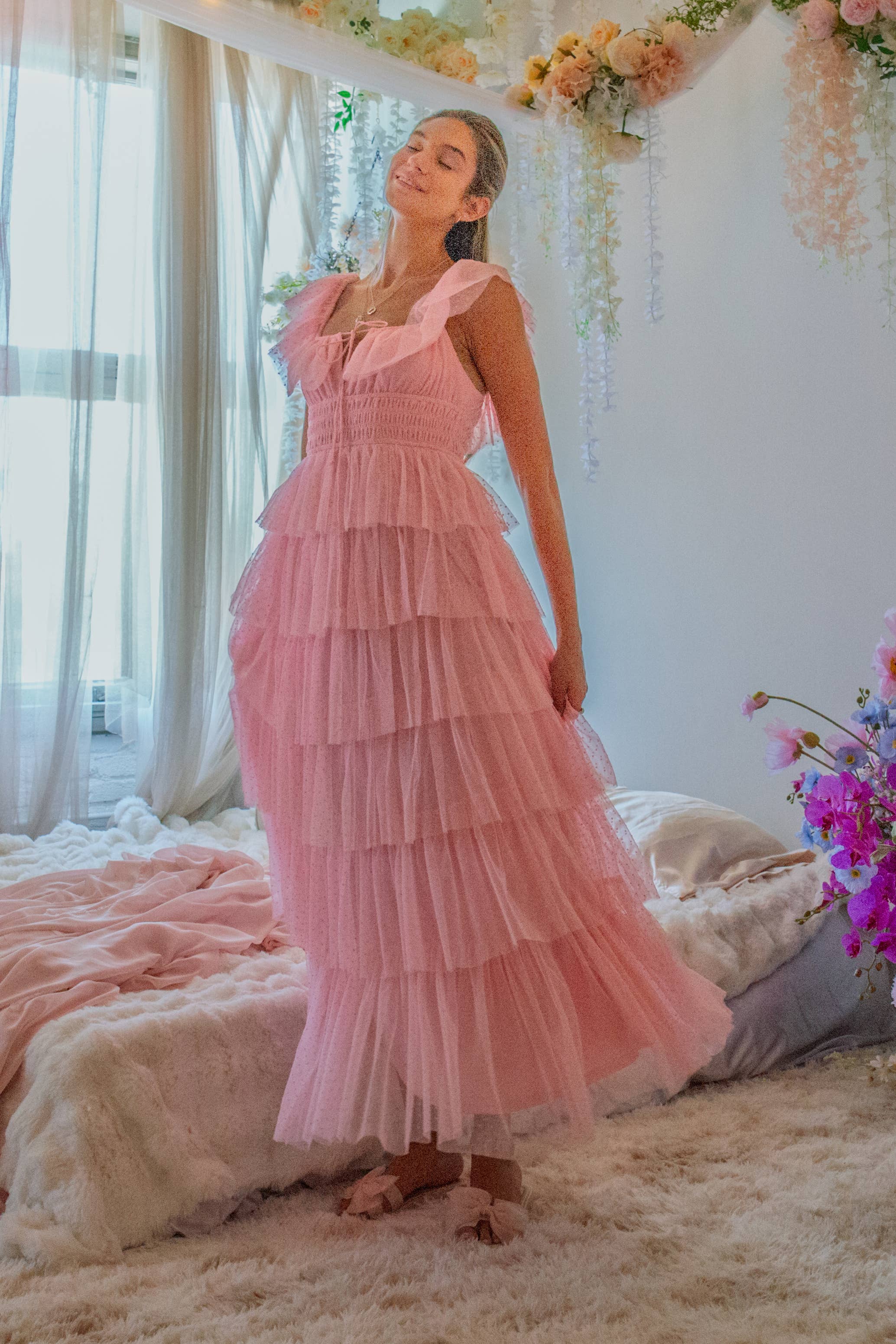 DUSTY ROSE - Venta al por mayor Vestido - Mujer - Vestido largo de tul con lunares en capas Whimsy1