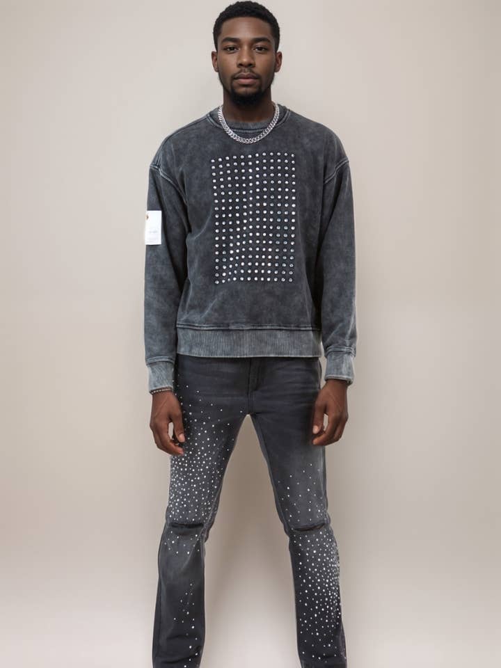 KF2463 MINERAL WASH STUDDED RHINESTONES CREWNECK for wholesale by Platform 100