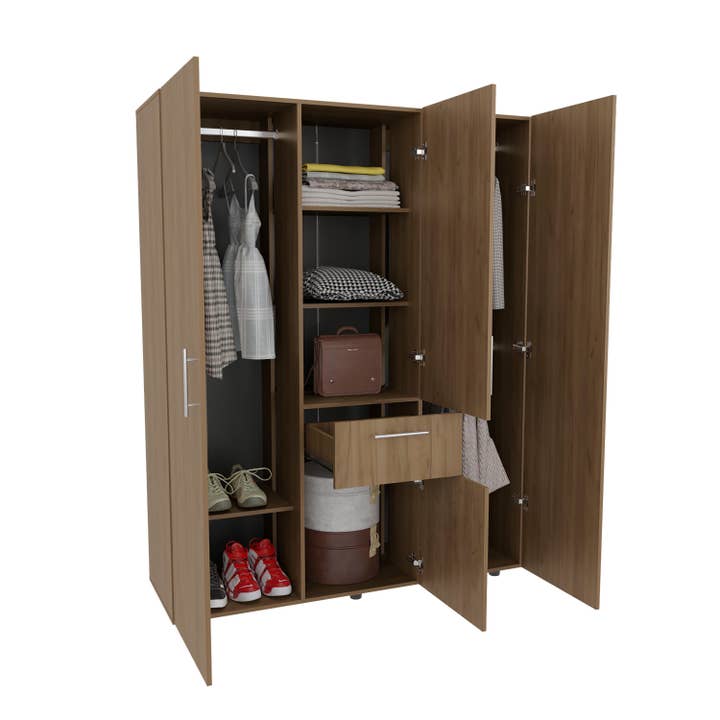 Natural Oak Bariloche 70" High Four- Door, One Drawer Armoire With Three Hanging Rods, Seven Shelves Bedroom, Wardrove, Closet for wholesale on Faire3