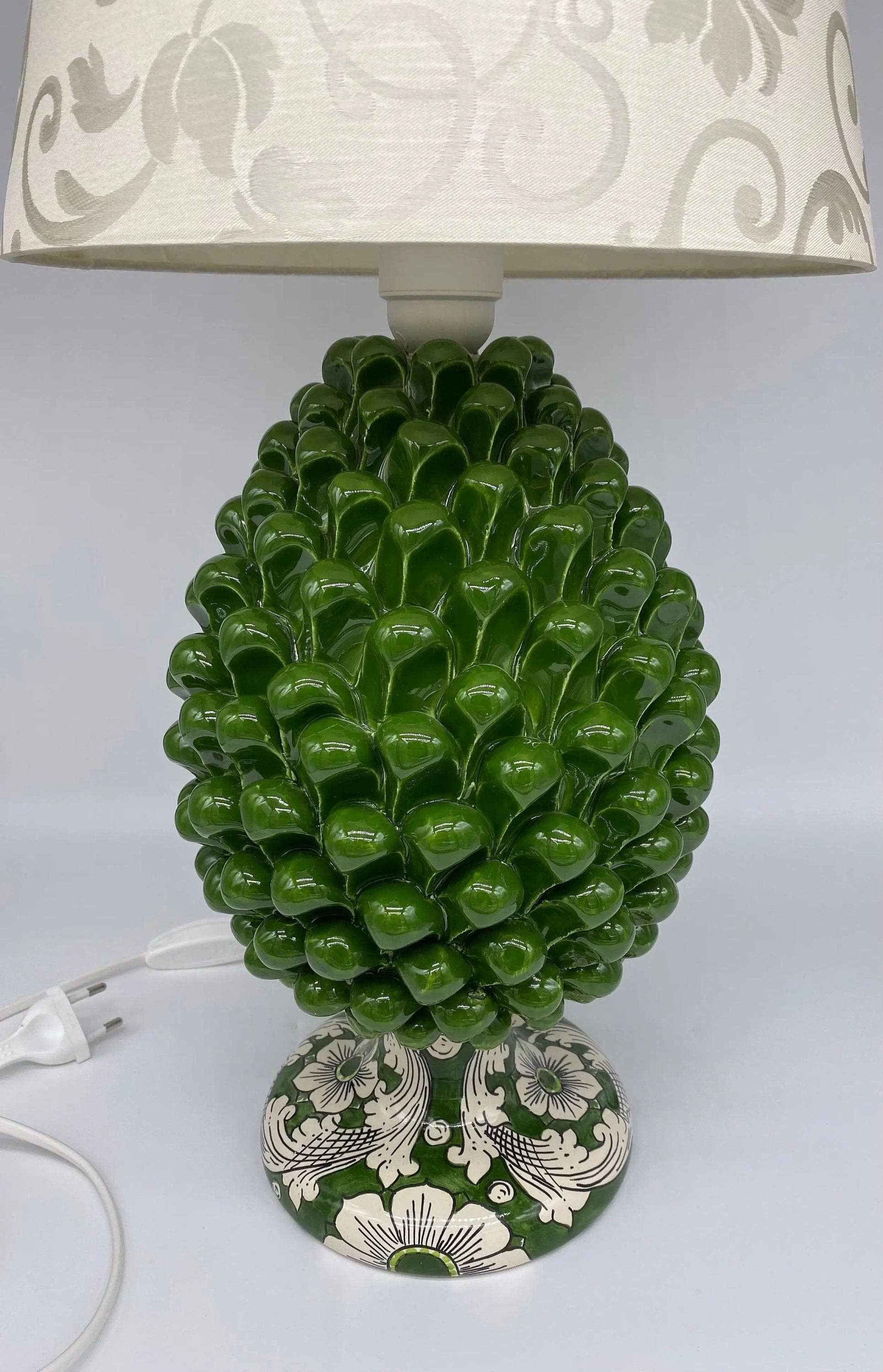 DD Ceramiche Siciliane - Wholesale Accent/Desk Lamp - Caltagirone Ceramic Pine Cone Lamp cm H.30 Handcrafted Olive Green Decorated Base5