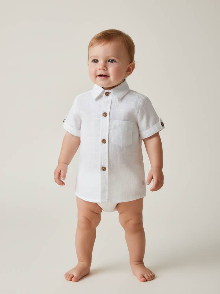White Cotton Linen Boys Half-Sleeves Shirts for wholesale by Yo Baby