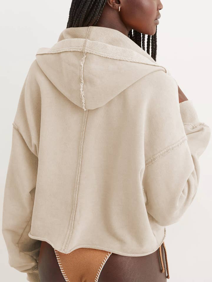 Suhkasana - Vente Sweat à capuche – femme - Pull décontracté beige à capuche, col en V, manches longues, coupe ample.3
