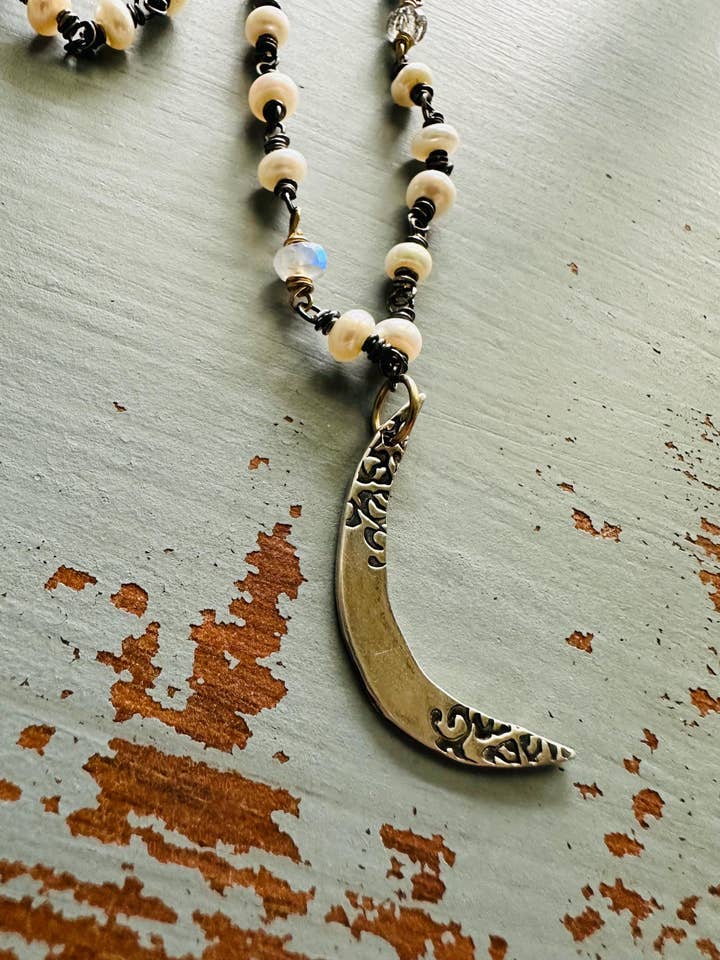Heirloom Pearl and Quartz Necklace with Moon Pendant for wholesale by Peaces of Indigo