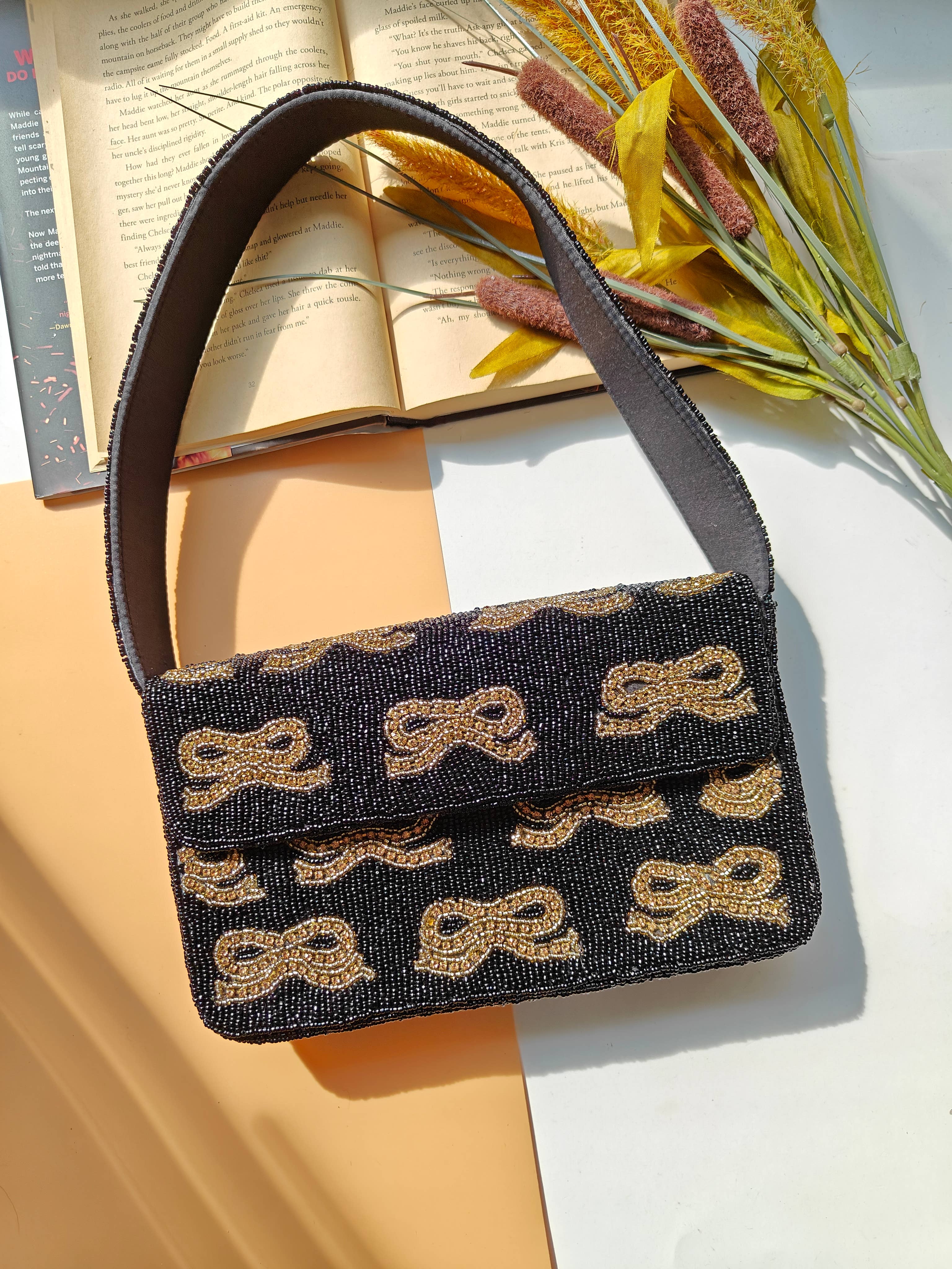 ShopHimalaya - Wholesale Shoulder Bag - Women's - Black Beaded Shoulder Bag with Gold Bow Embroidery2