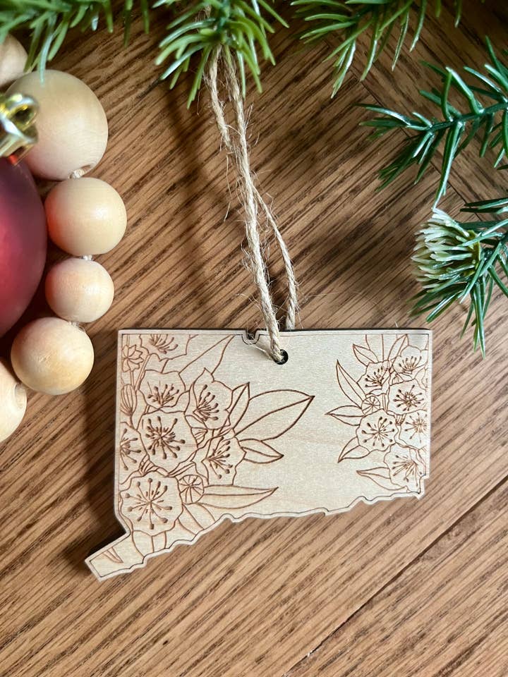 Connecticut Mountain laurel flower wooden Ornament for wholesale by Rustic Raleigh