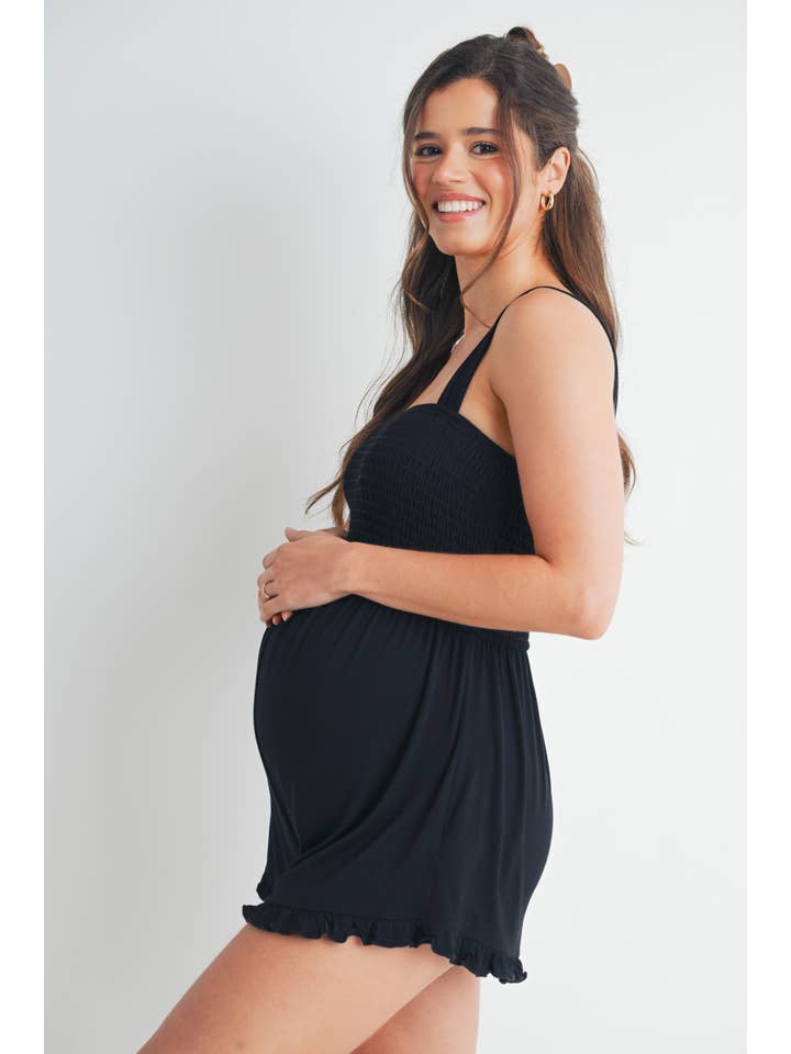 Hello Miz - Wholesale Lounge Romper - Maternity - Smocked Ruffle Hem Maternity Sleeveless Romper 2