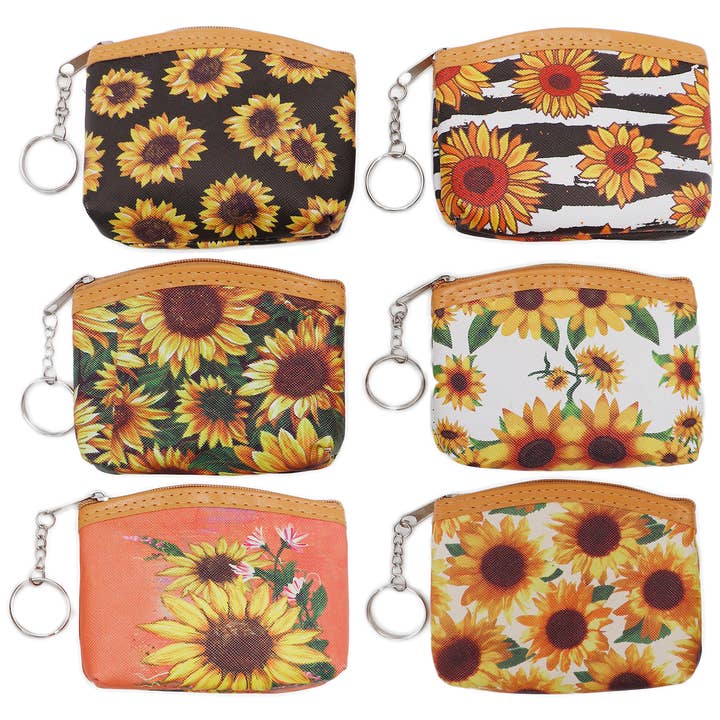 Cap Zone - Wholesale Coin Purse - Women's - Sunflower Zippered Vegan PU Leather Coin Purse
