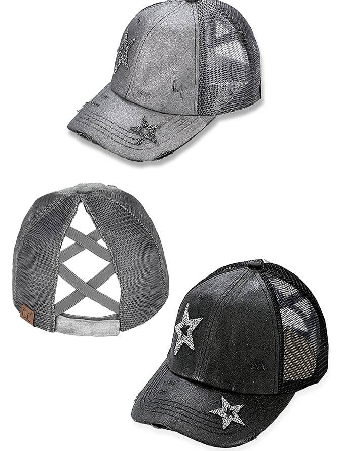C.C Hand Spray Glitter Star Summer Trucker Hat Pony Cap for wholesale by Hana