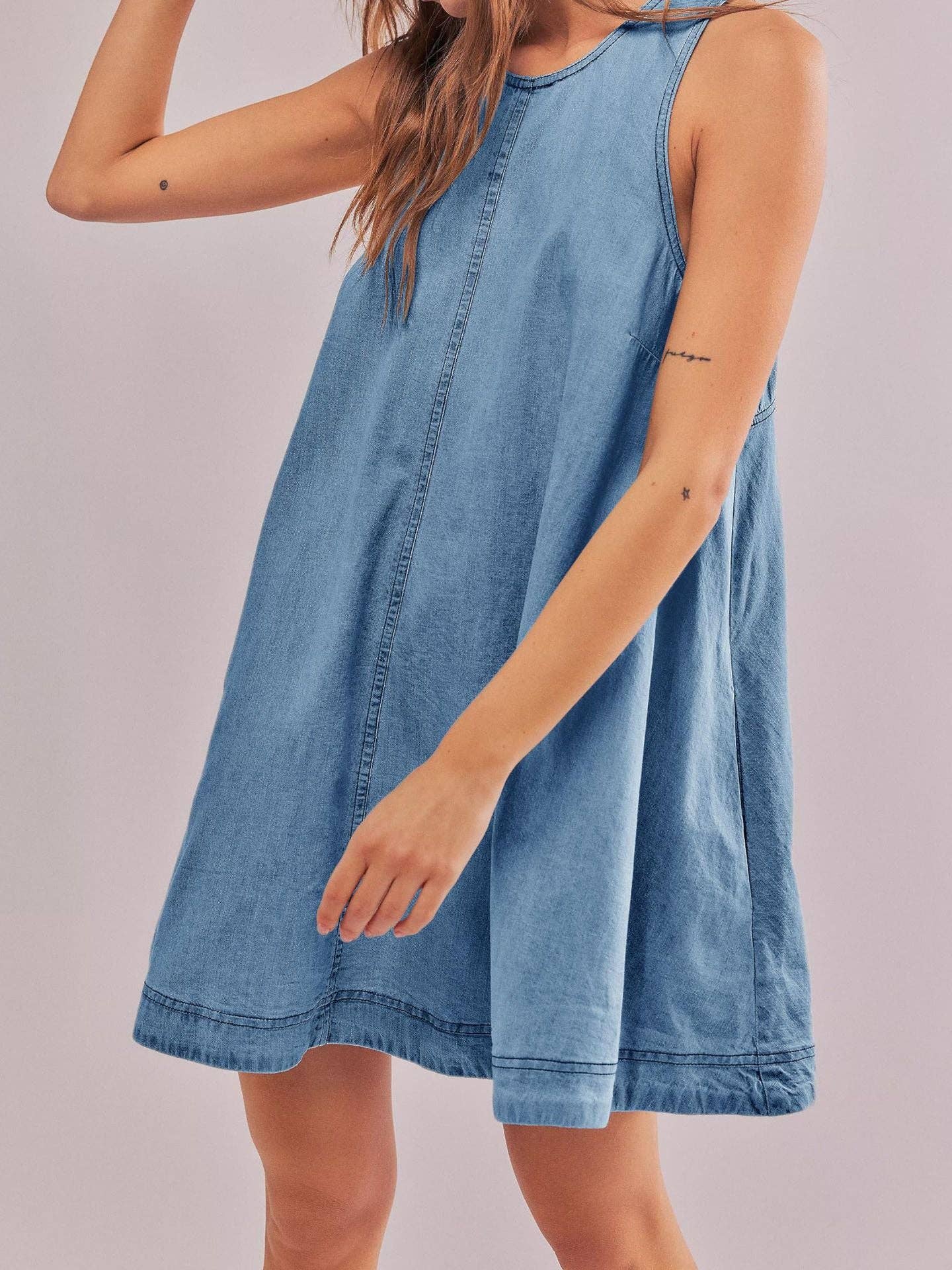 Dipped Shop - Venta al por mayor Vestido - Mujer - Vestido Mini Sin Mangas con Cuello Redondo de Denim DP25A53112
