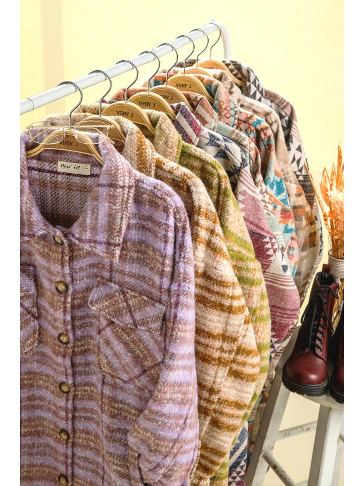 VERY J - Wholesale Shirt Jacket/Shacket - Women's - NJ90325-Aztec & Plaid Printed Shacket Jacket Coat