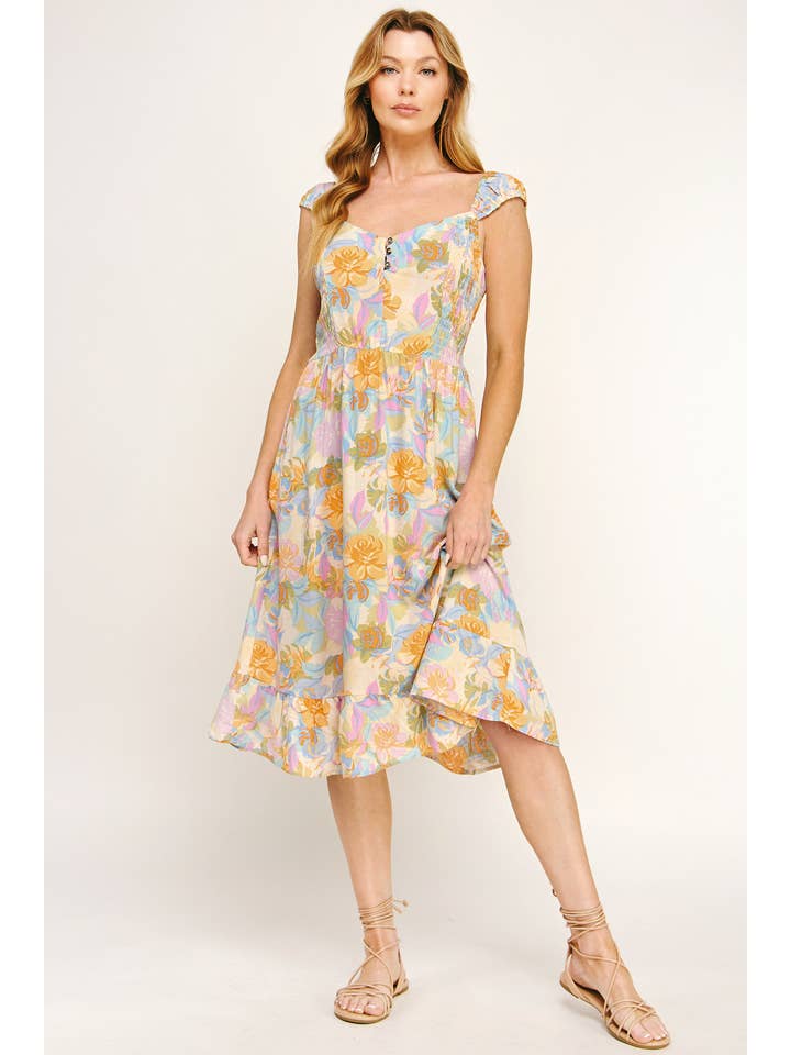IVPEM ANTIQUE ROSE PRINTED MIDI DRESS WITH ELASTICATED SLEEVES for wholesale on Faire