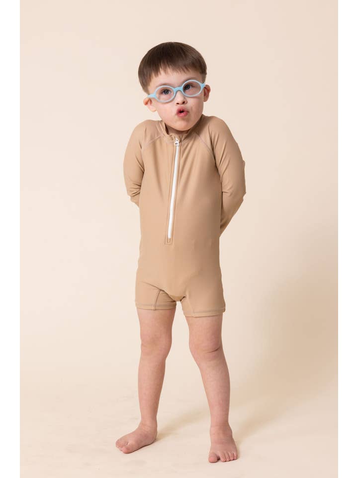 Brown White Boy's Zip Up Rashguard | Brown/White for wholesale on Faire