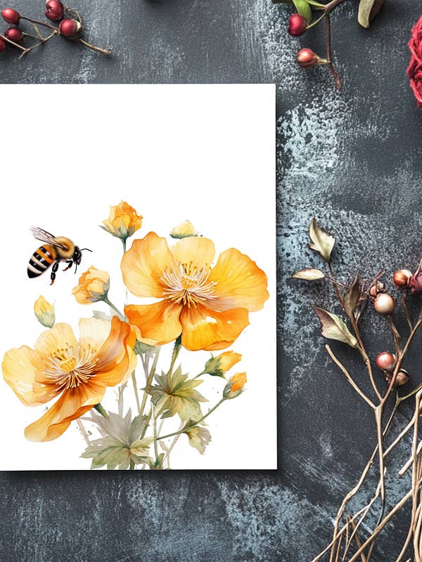 Carte artistique d'abeille sur fleur orange - Carte de vœux écologique pour la vente par Homemade Hollydays Wholesale