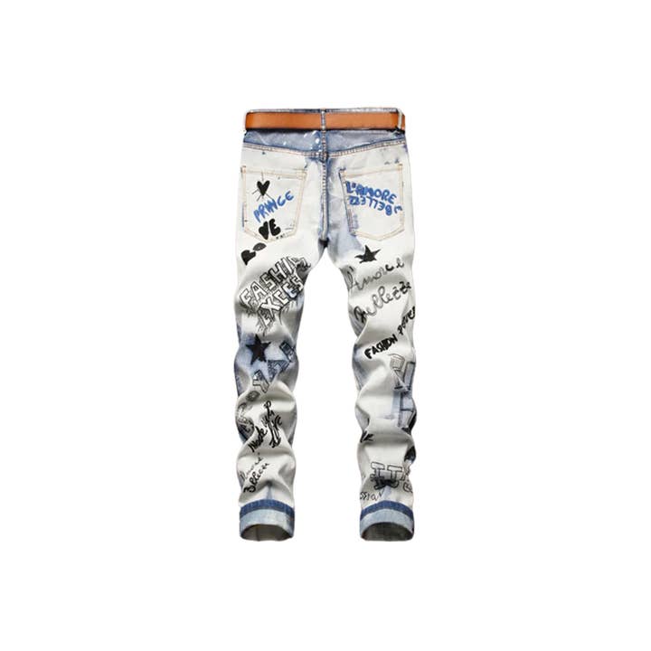 Blue Men's Trendy Letters Embroidery Printed Denim Jeans for wholesale on Faire1