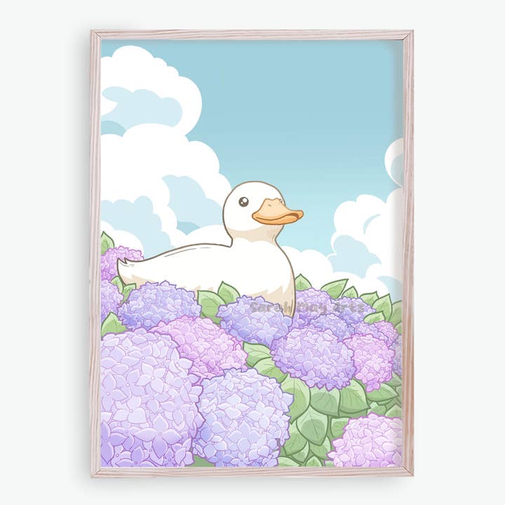 Sarah May Arts - Wholesale Art Print - Hydrangea Duck Print | Fine Line Cute Floral Art3