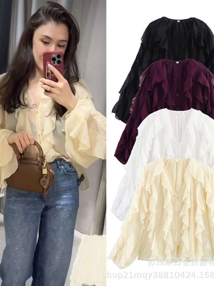 Marayn - Wholesale Blouse - Women's - Chic 2025 European Vneck Ruffled Layered Blouse B888271