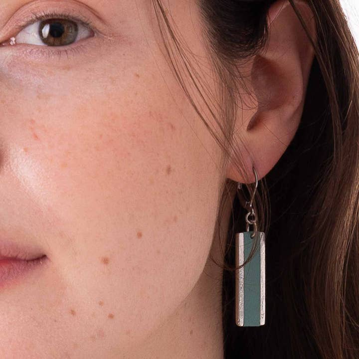 Long Rectangle Drop Earrings With Leather Inlay Duck Egg for wholesale by Sobo & Co Jewellery