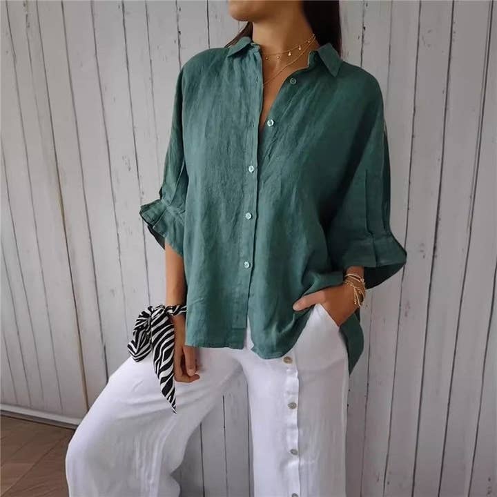 UZ Wholesale Store - Wholesale Button Down Shirt - Women's - Relaxed Fit Solid Color Back Strap Blouse