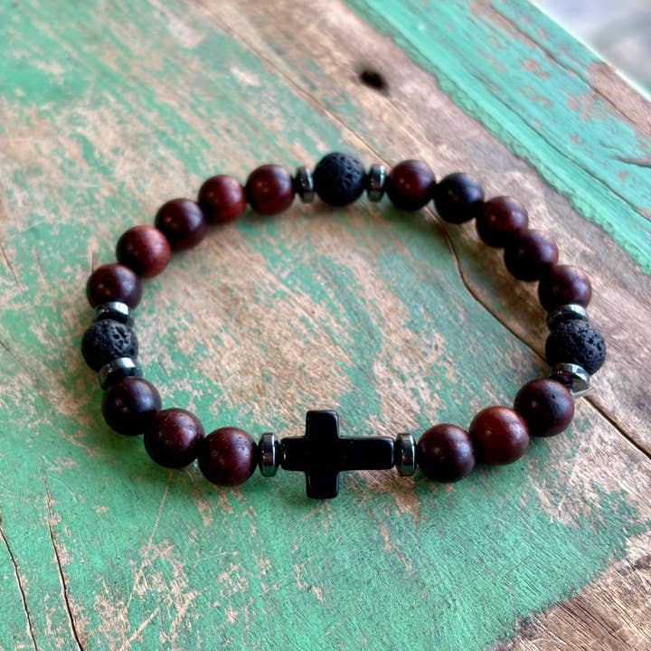 Love and Honor Jesus LLC - Wholesale Beaded Bracelet - Wood Lava Cross Bracelet