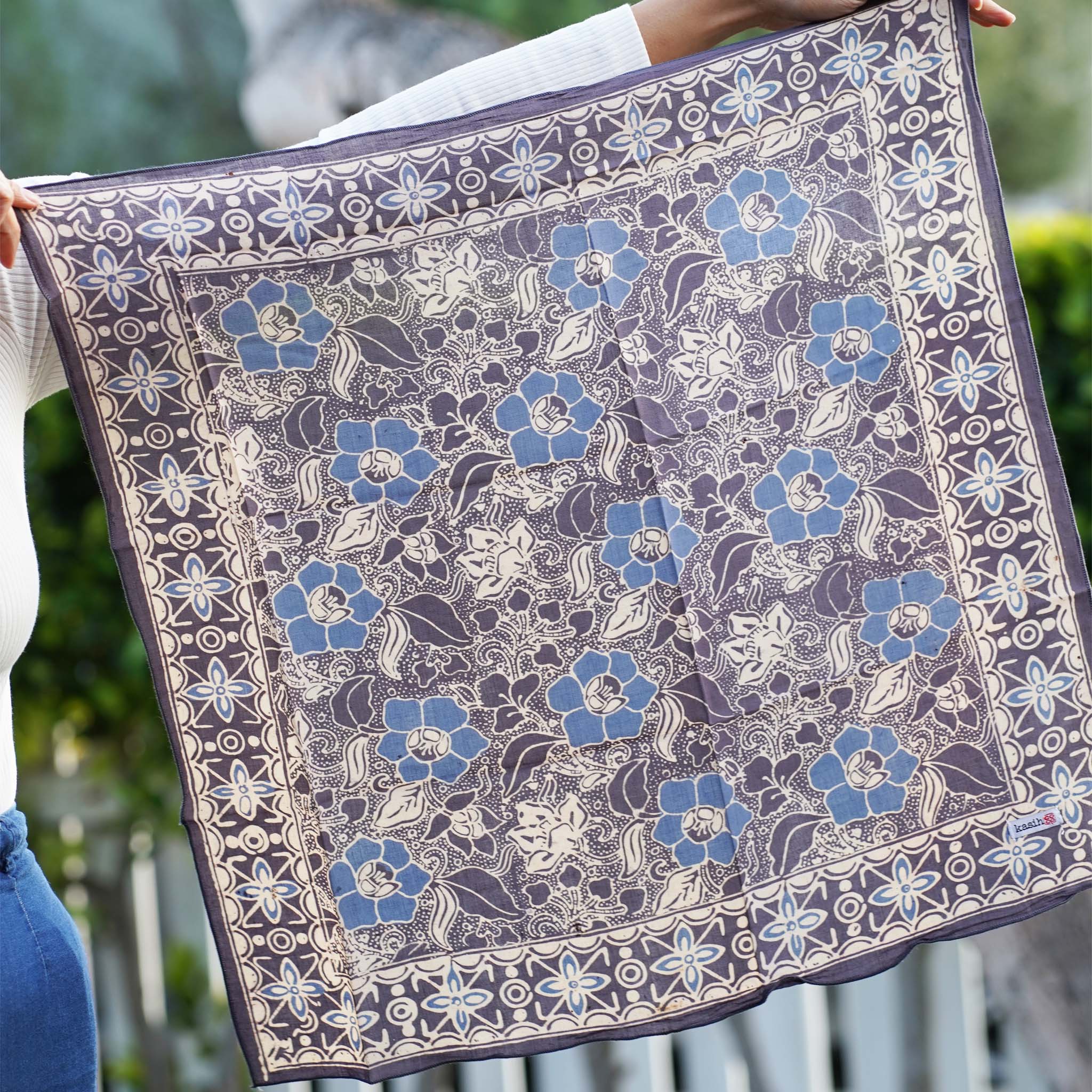 Kasih Co-op - Wholesale Bandana - Unisex - Hand Dyed Batik Bandana Spotted Flower, Grey, Blue, Hair Cover Scarf, Cotton4