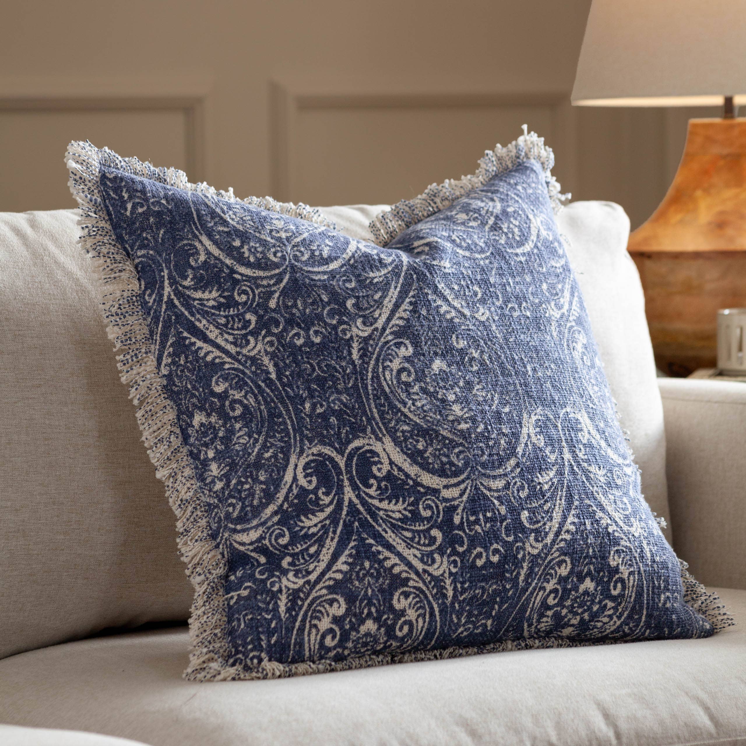 Durelle Damask Fringed Cushion Delph Blue for wholesale on Faire0