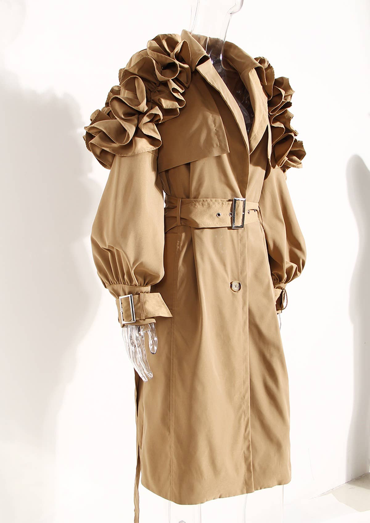 Khaki CT020 Women's Shoulder Ruffle Commuter Knee Length Coat for wholesale on Faire6
