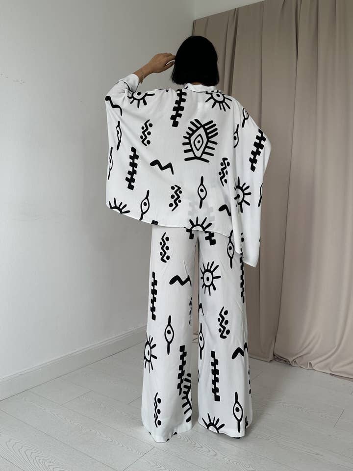 FENOMEN - Wholesale Top & Pant Set (NOT Loungewear) - Women's - Patterned Loose Shirt and Loose Pant Set