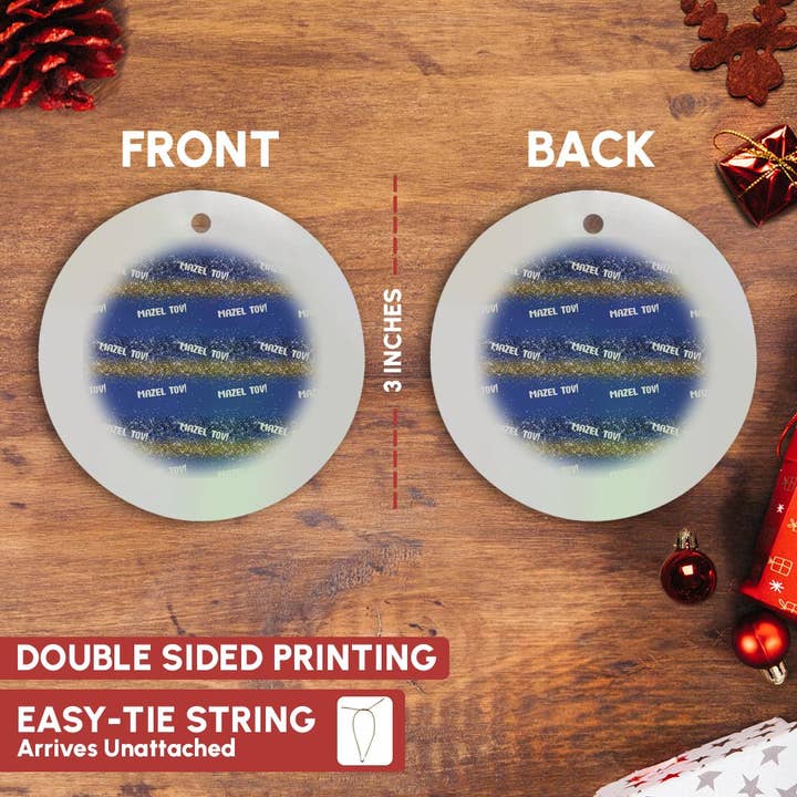 3dRose - Wholesale Ornament - 3dRose, Cool pattern of Mazel Tov text and yellow lines on blue, cool gift, Ornament2