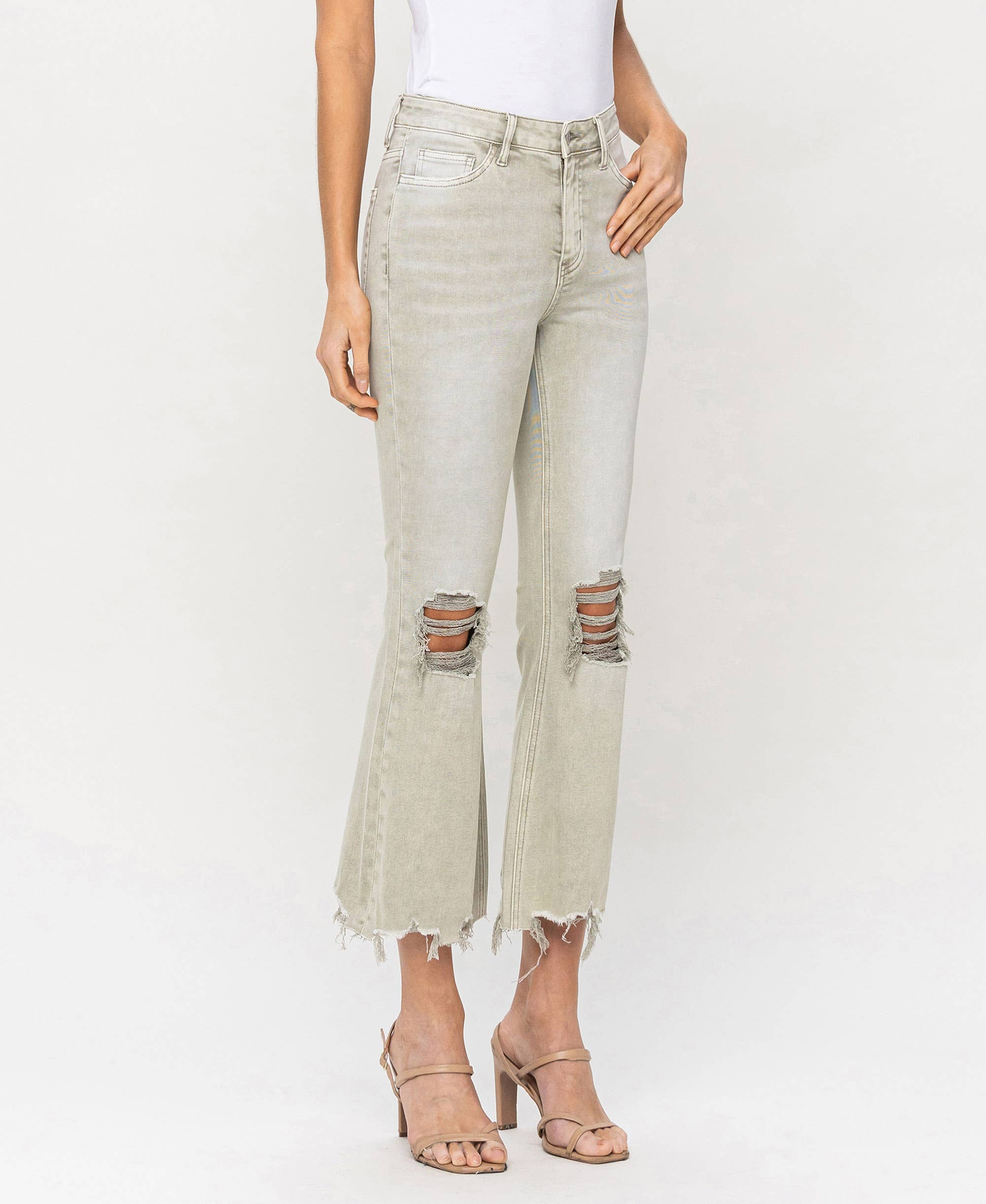 MOSS GREEN HIGH RISE DISTRESSED CROP FLARE JEANS T5773MG for wholesale on Faire1