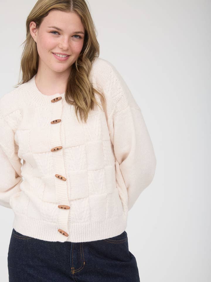 CHECKERED TOGGLE BUTTON DOWN KNIT CARDIGAN for wholesale by Blu Pepper