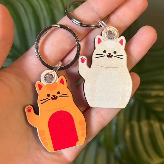 Happy Cat Sustainable Wooden Keyring for wholesale by Jess Bright Design