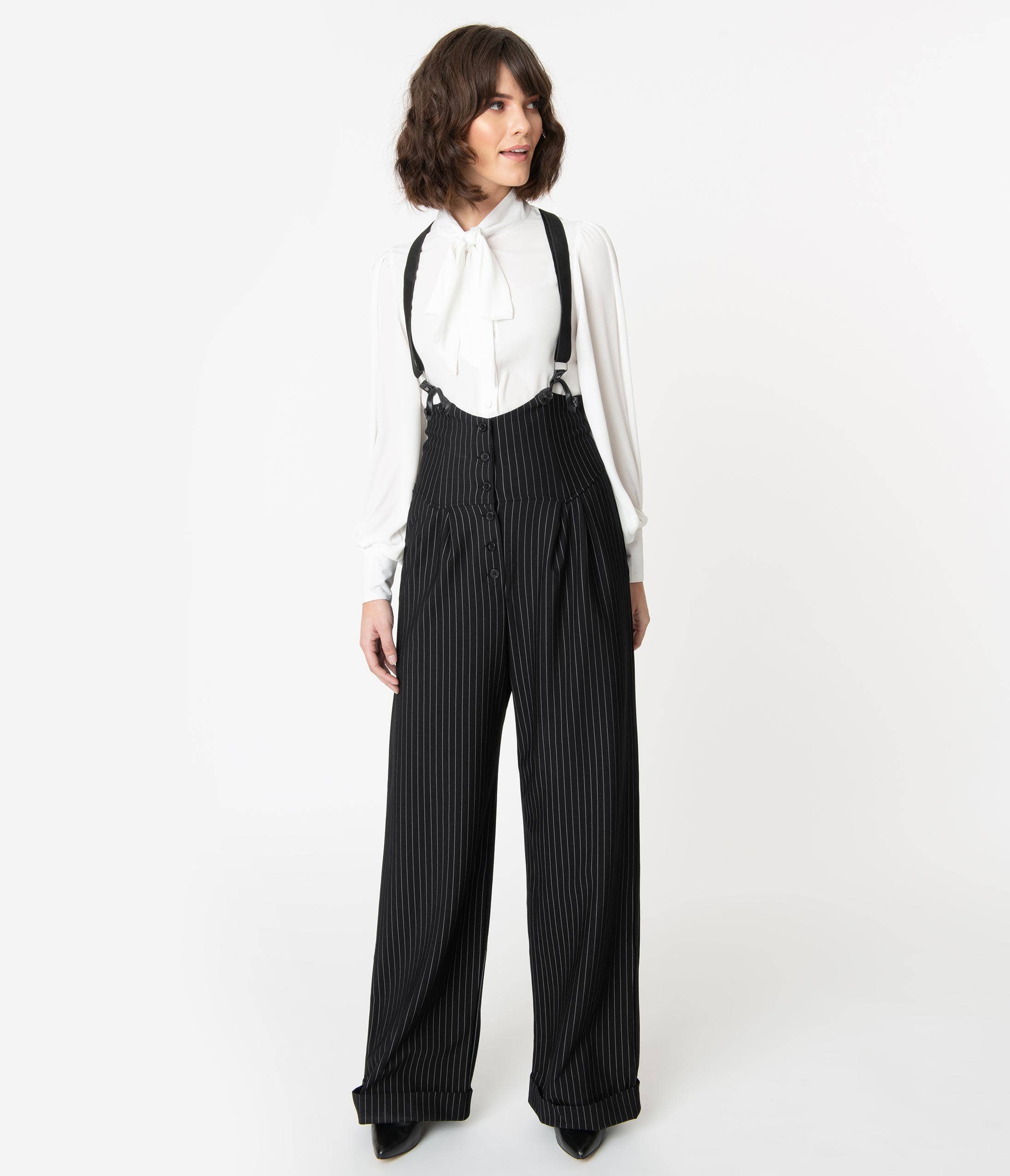 Unique Vintage - Wholesale Pants - Women's - Unique Vintage Black & White Pin Stripe Thelma Suspender Pan4