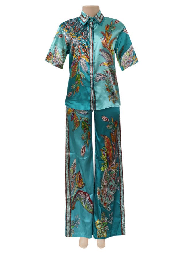 Cyan Satin Unique Retro Flower Print Shirt And Pants Set for wholesale on Faire