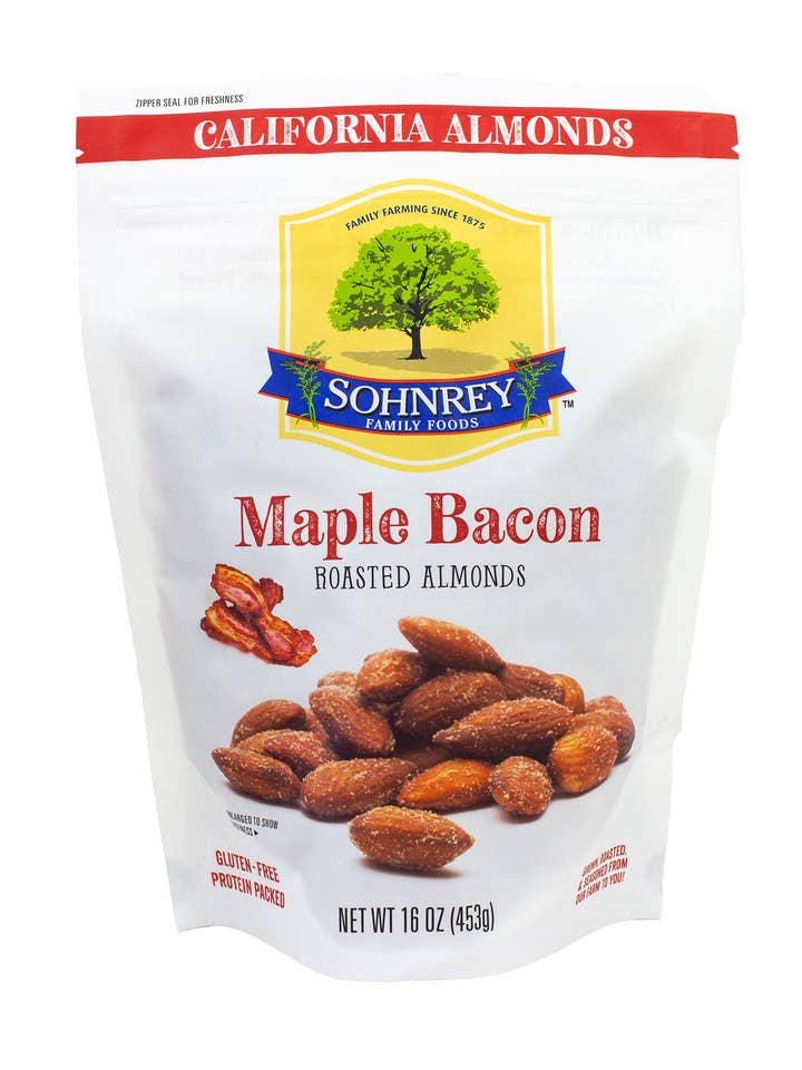 Maple Bacon Almonds 1Ib for wholesale by Sohnrey Family Foods LLC