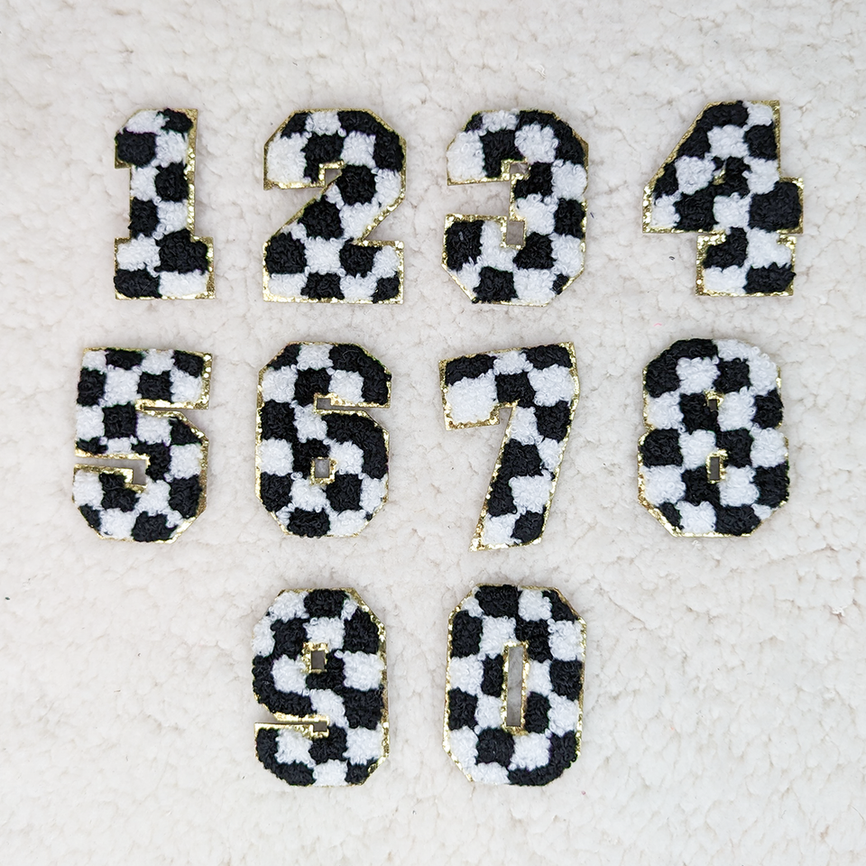 Trendy Transfers – wholesale Patch – Checkered Chenille Numbers with Gold Glitter0