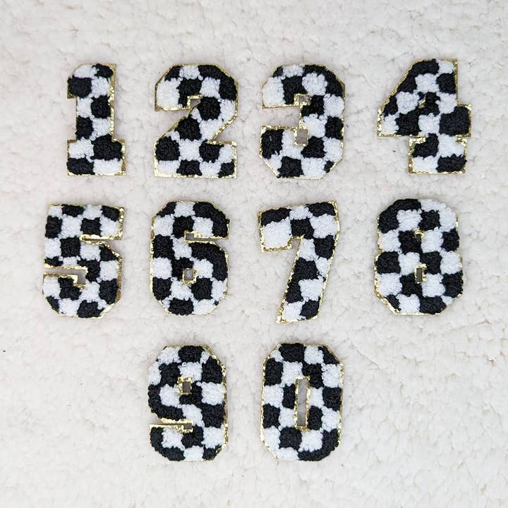Trendy Transfers – wholesale Patch – Checkered Chenille Numbers with Gold Glitter