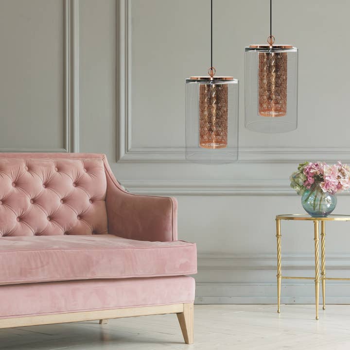 17"H Copper Cylinder 1-Light Glass Hanging Pendant Light for wholesale by River of Goods