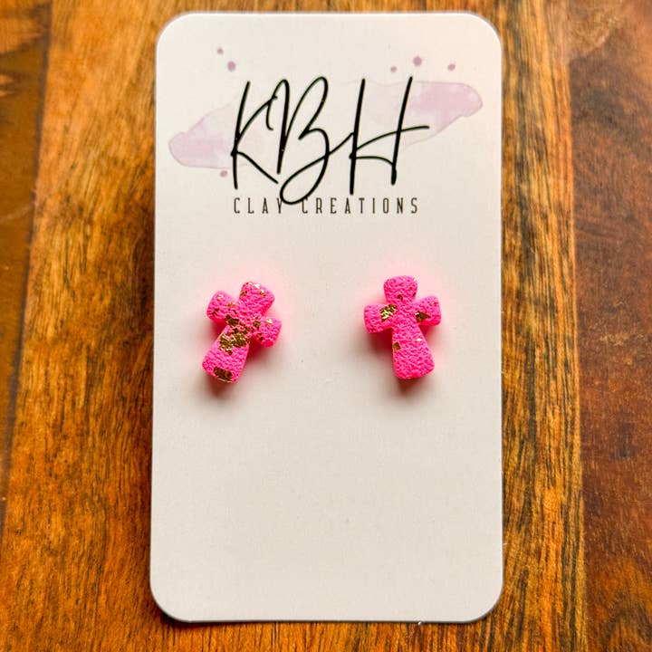 KBH CREATIONS - Wholesale Stud/Post Earrings - Pink and Gold Cross Stud Clay Earrings0