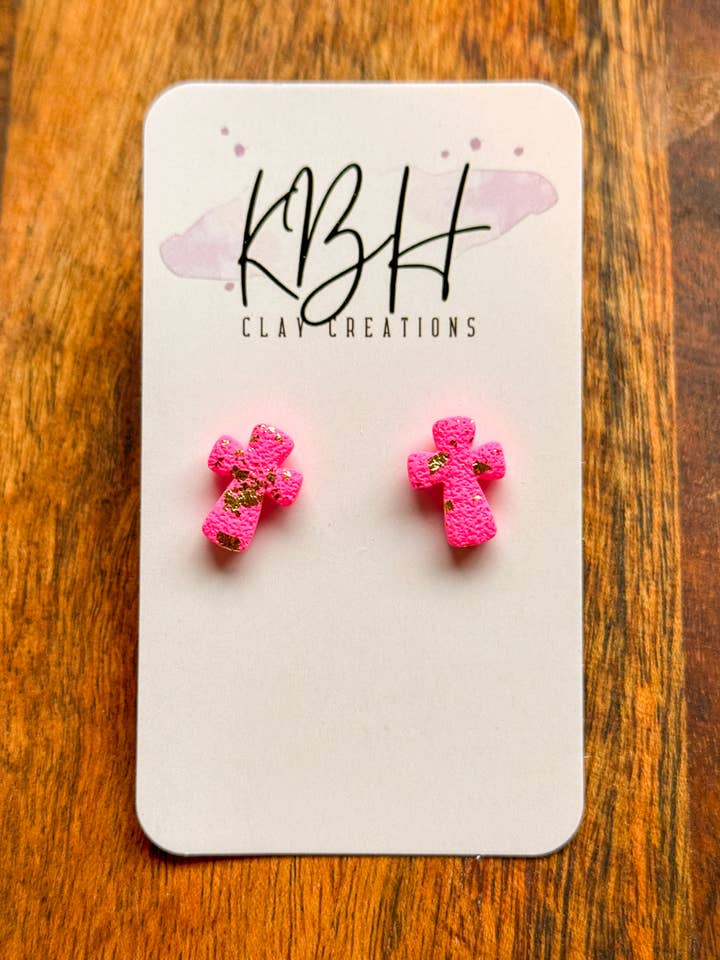 Pink and Gold Cross Stud Clay Earrings for wholesale by KBH CREATIONS