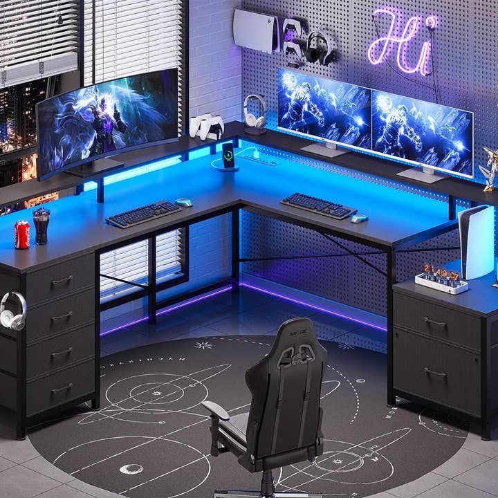 ShipItFurniture - Wholesale Desk Set - Black L-Shaped Desk with 6 Drawers & File Cabinet