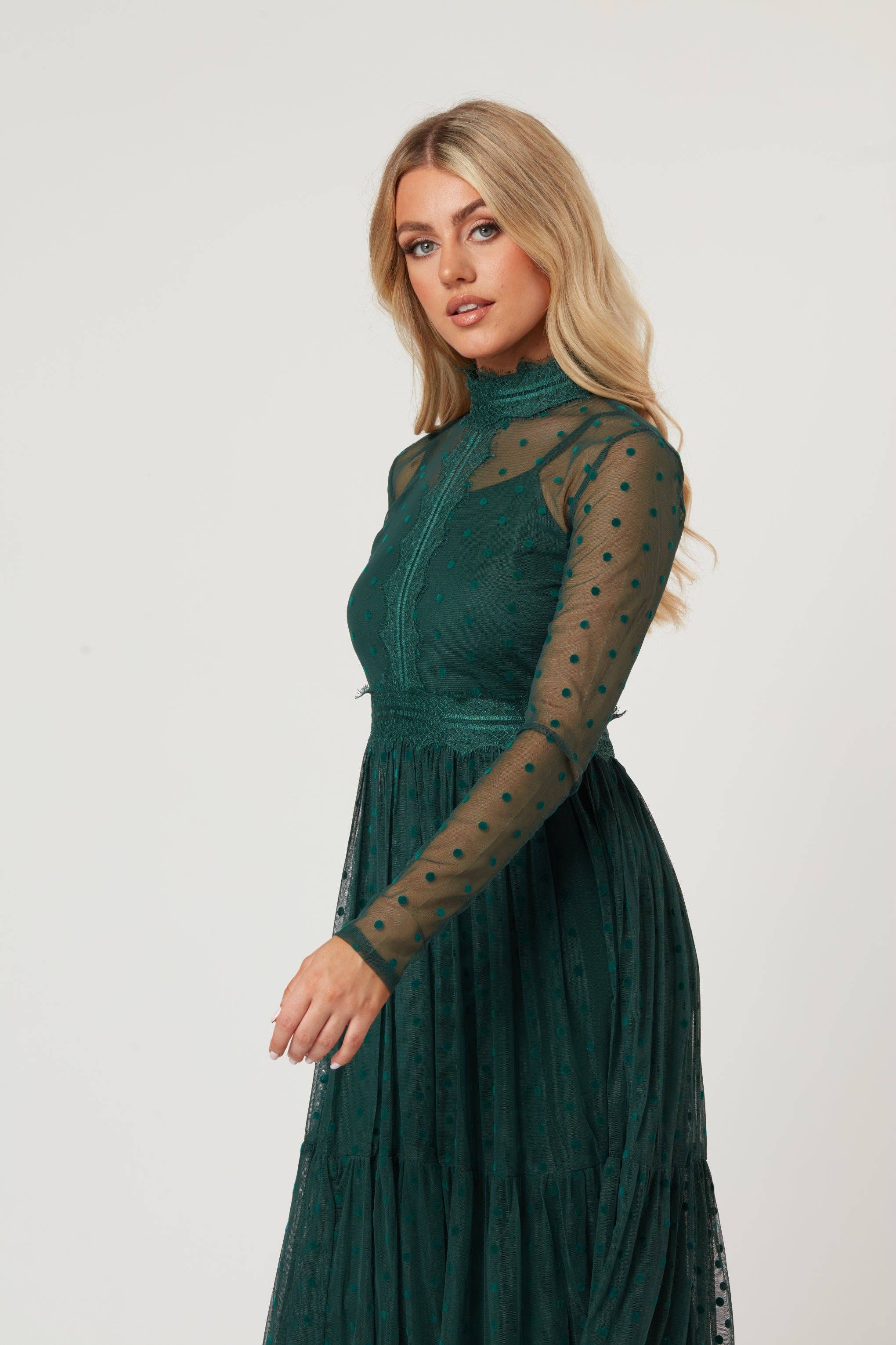 Roman Lola Polka Dot Tulle Midi Dress in Green for wholesale on Faire11