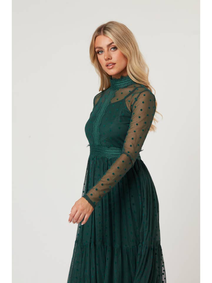 Roman Lola Polka Dot Tulle Midi Dress in Green for wholesale on Faire11