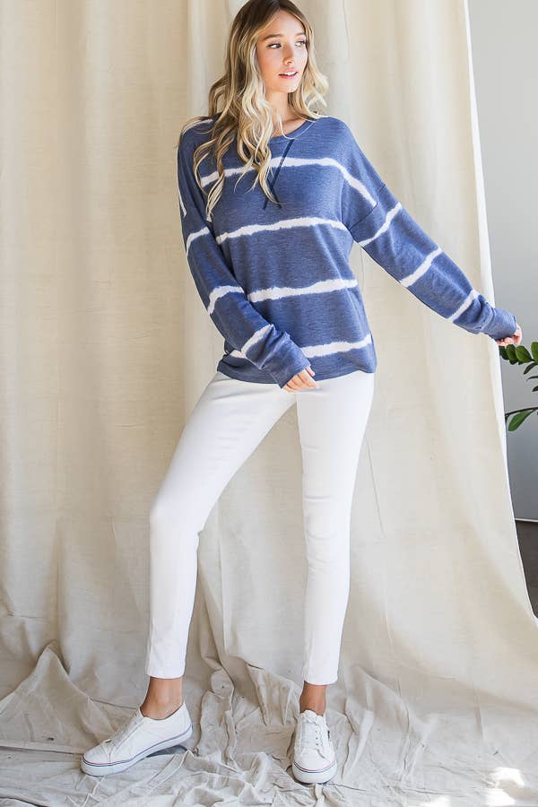 7th Ray – Engroshandel Strikket top - Dame – Stribet Tie Dye V-søm Drop Shoulder Langærmet Top T356521