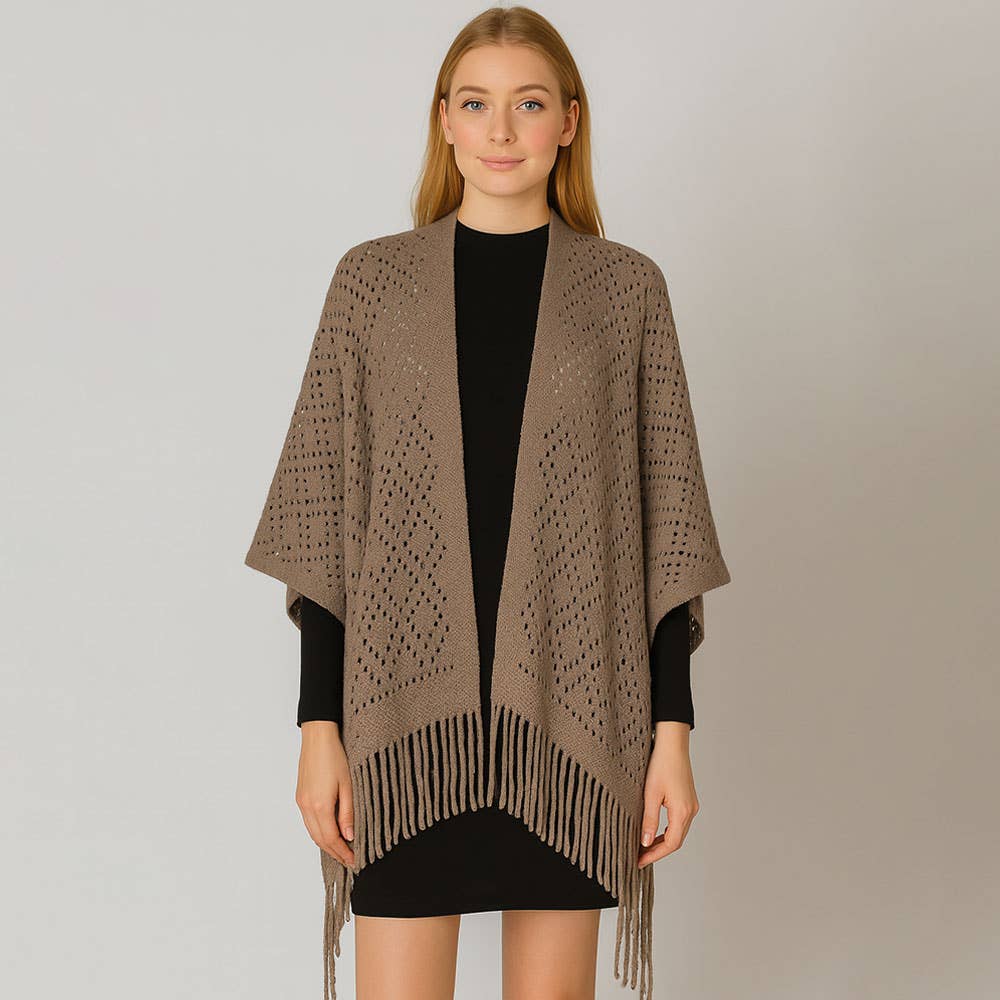 Sensibling Corp. - Wholesale Poncho - Women's - Fringe Open Knit Crochet Draped Shawl Wrap Ruana Poncho8