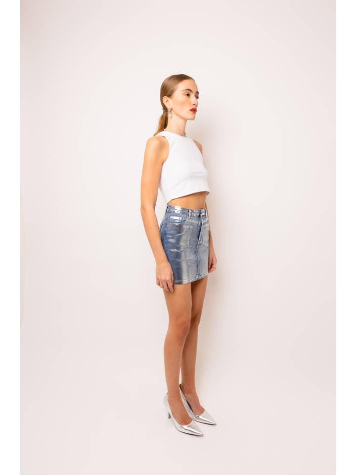 Blue Soho Stretch Metallic Denim Mini Skirt for wholesale on Faire