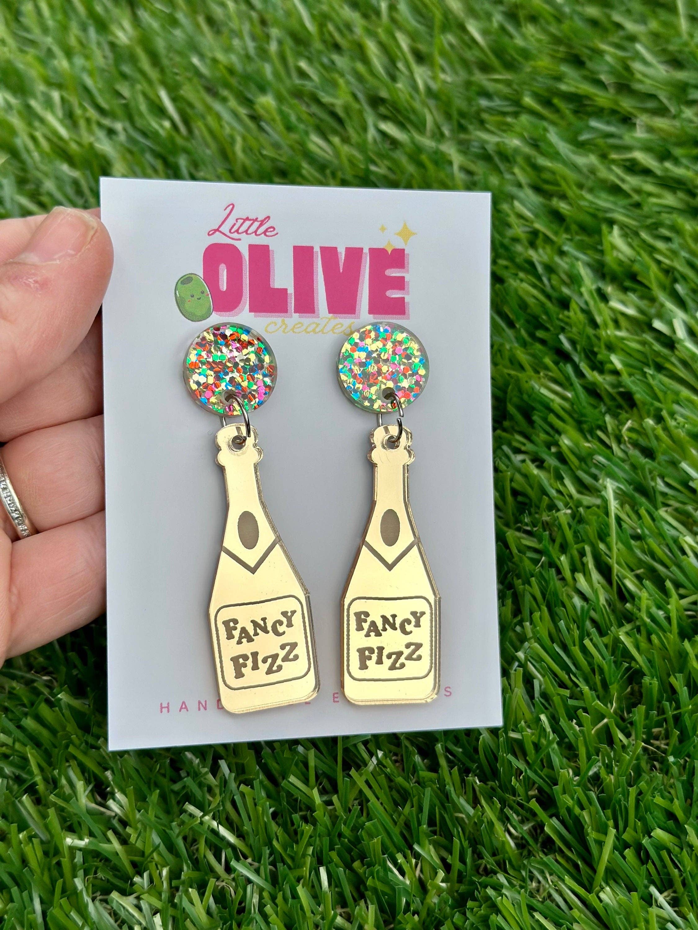 Little Olive Creates - Wholesale Dangle earrings - Fancy Fizz' Gold Mirror Champagne Bottle Earrings - New Year's Sparkle1
