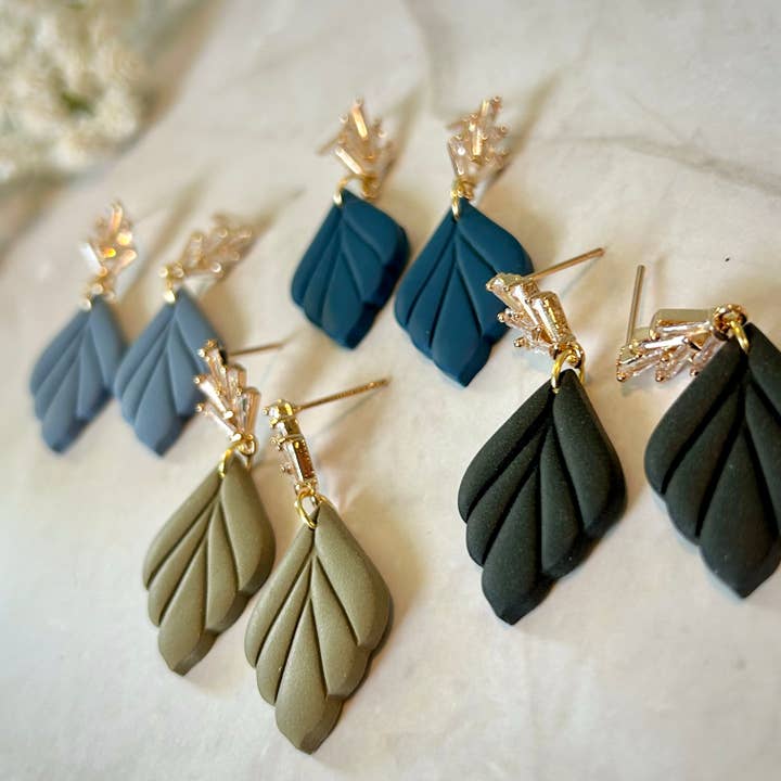 Clay Petal Earrings – Textured Drop with Gold Crystal Studs for wholesale by Lady Bug Custom Gifts