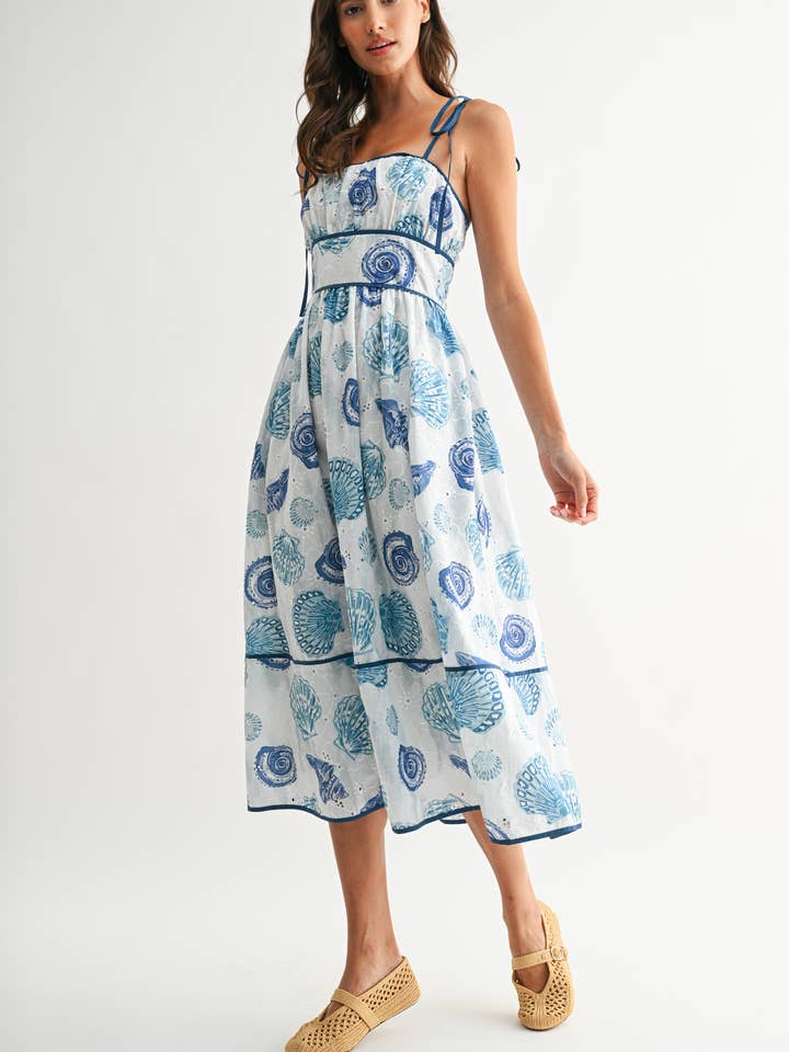 CJD27075 Blue Seashell Print Midi Dress for wholesale by Camellia