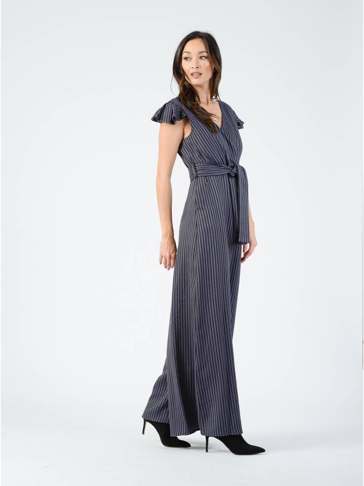 LCR4086-Jaqueline Flutter Sleeve Jumpsuit-SLATE STRIPE for wholesale by Lucca Couture